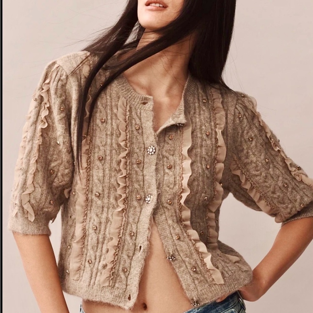 Anthropologie Maeve Embellished Ruffle Cardigan Sweater- XXS (Fits more like M)